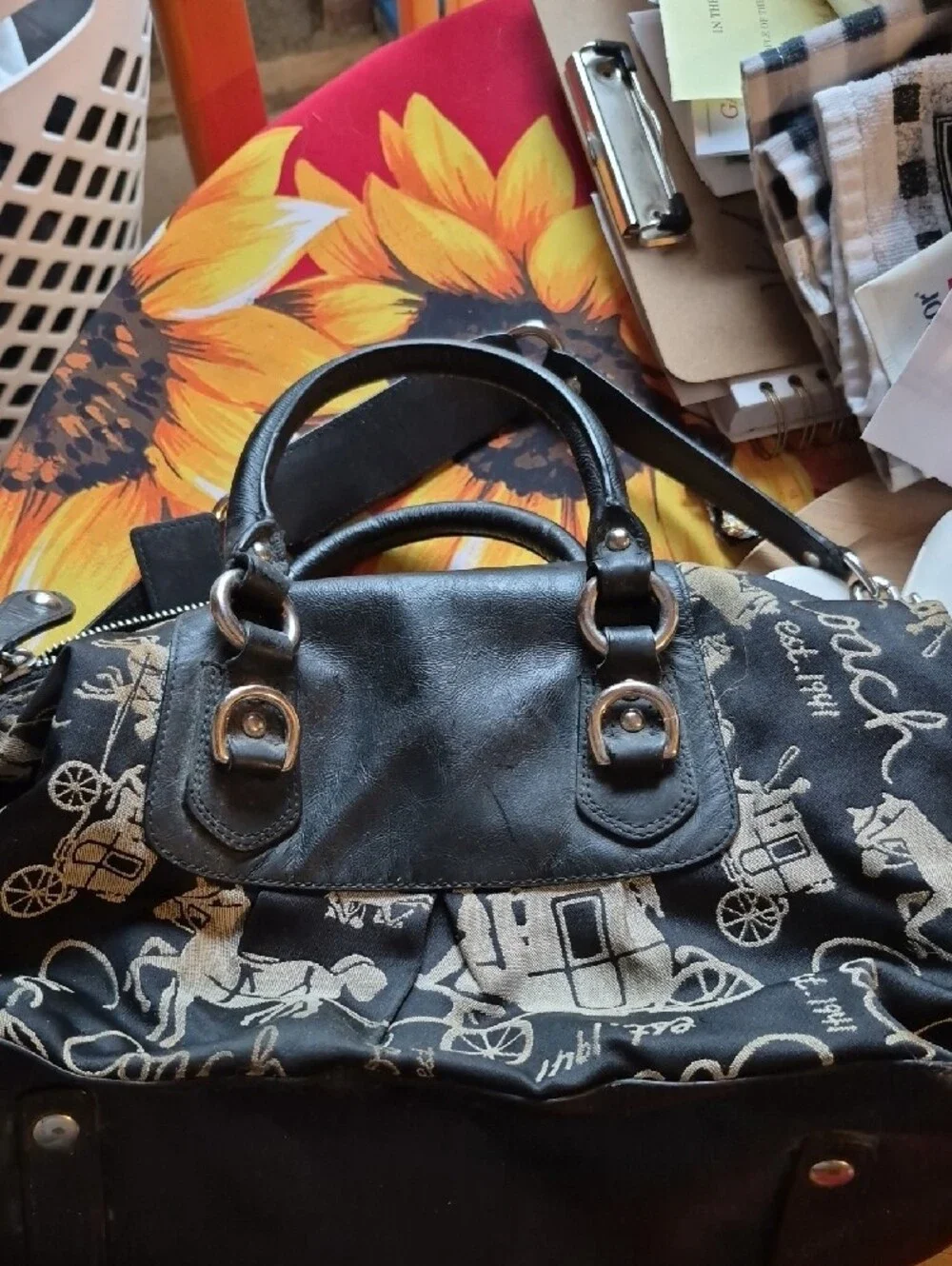 Coach Black and Cream Signature Satchel with Script & Carriage Print